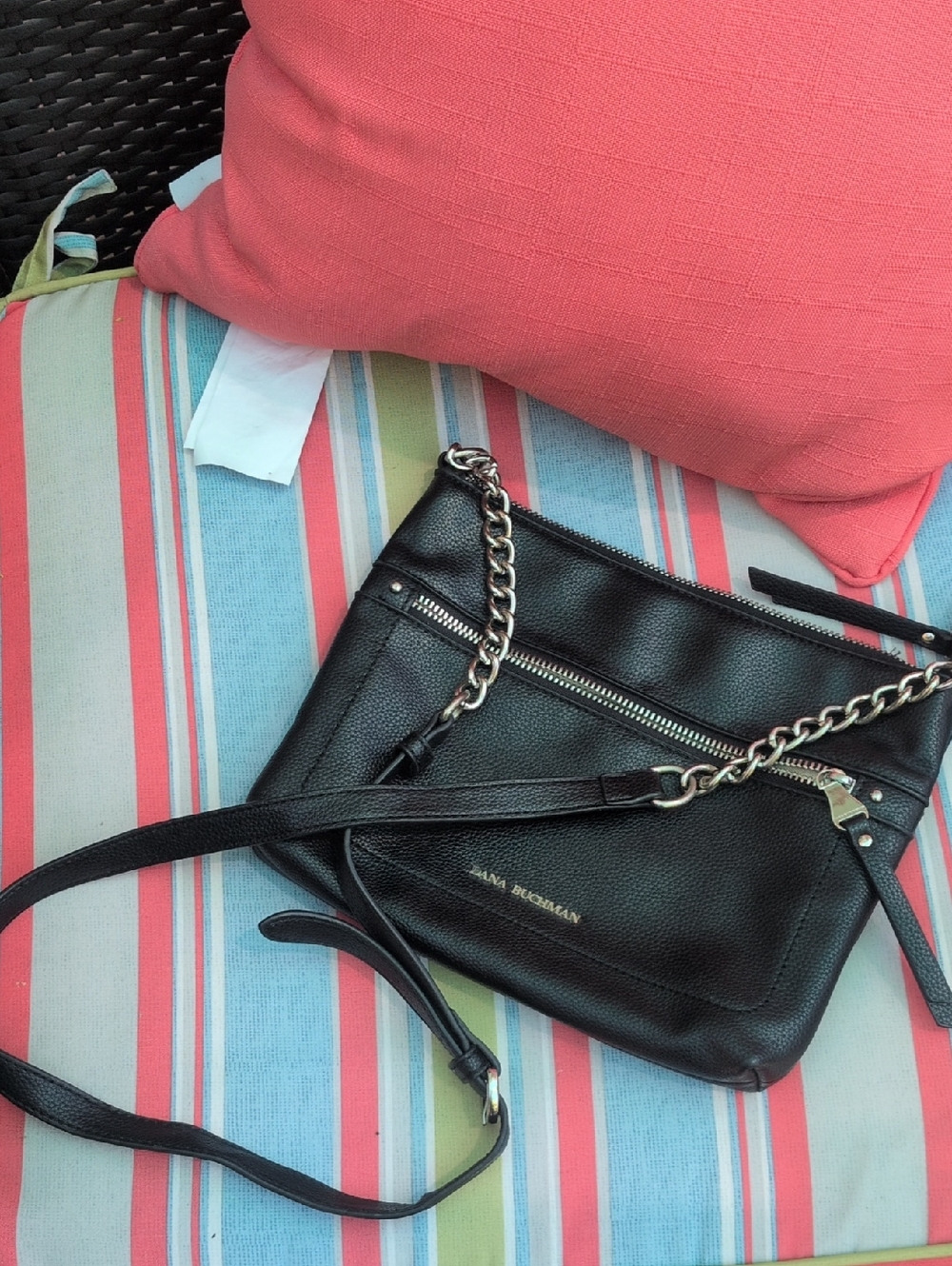 Dana Buchman Black Leather Crossbody with Silver Chain Detail